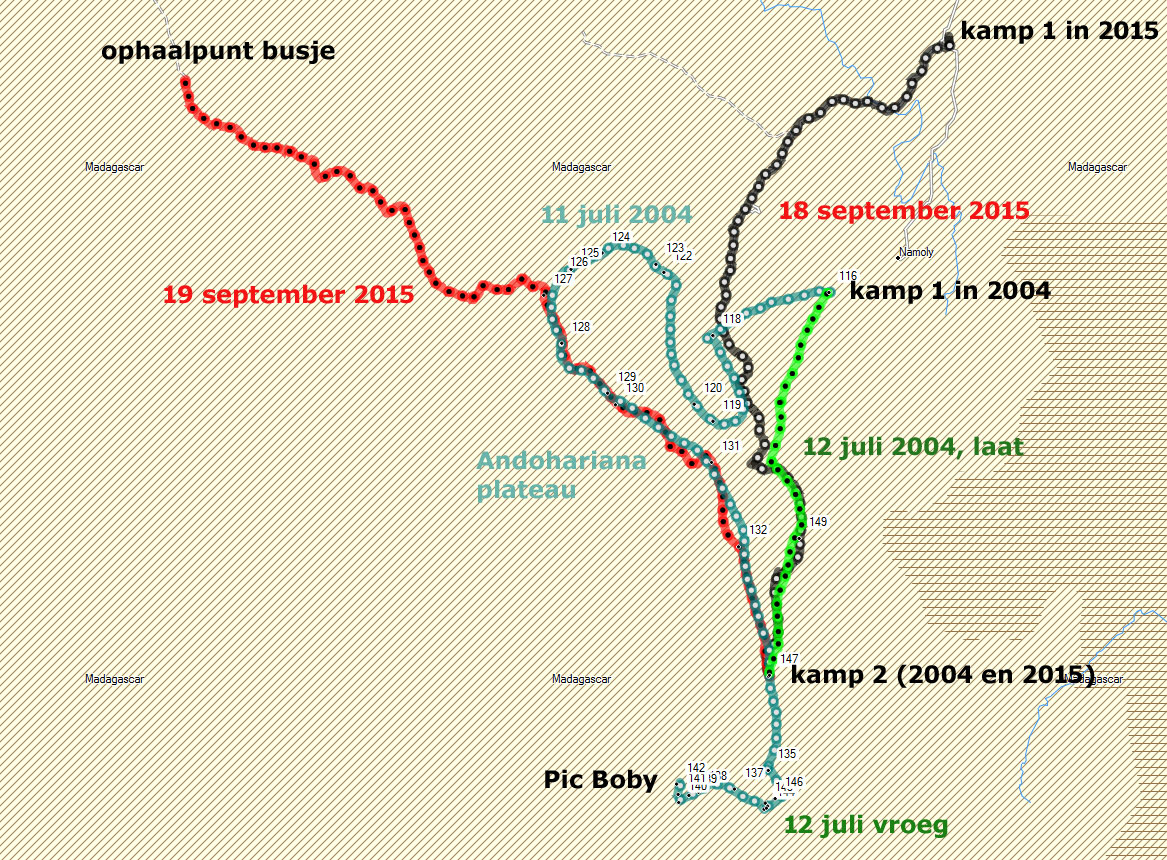 De kaart in @D formaat van de gelopen trekking in 2004 en 2015